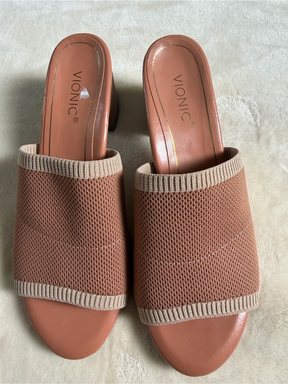 Vionic Fleur Heeled Sandals Knit Toasted Nut Size 8 Mules